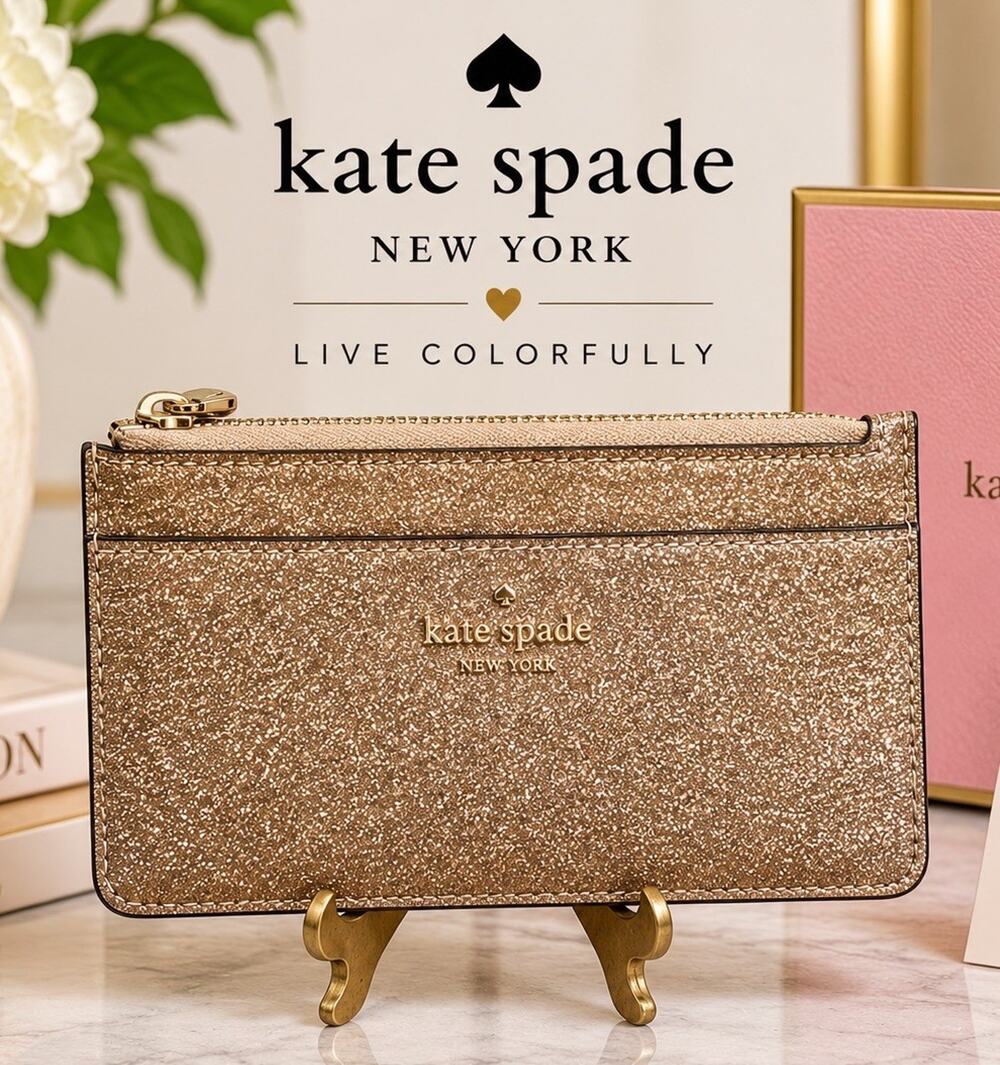 Kate Spade Shimmy Gold Glitter Large Slim Cardholder Zip Wallet New York